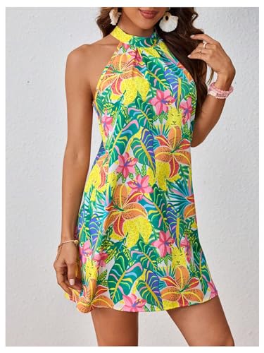Floerns Women's Sleeveless Floral Print Sundress Halter Neck A Line Short Dress4