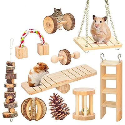 Hamster Chew Toys, Gerbil Rat Guinea Pig Chinchilla Chew Toys Accessories, Natural Wooden Dumbbells Exercise Bell Roller Teeth Care Molar Toy for Rabbits Bird Bunny