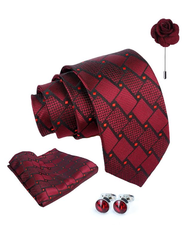 Image of Axlon Tie for Men - Micro Silk Neck Ties Set with Cufflinks Flower Pin, Pocket Square & Black Gift Box, Combo Necktie Sets for Office Wear, Formal Suits & Weddings (0, Checkpn)