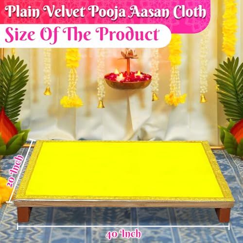Image of Bhakti Lehar (20 x 40 Inch) Plain Yellow Velvet Pooja Aasan for God Idol /Chowki Aasan Kapda Cloth for Temple Shelf Home Mandir, Ganesh Baithak and God Idol Sitting - Pack of 2