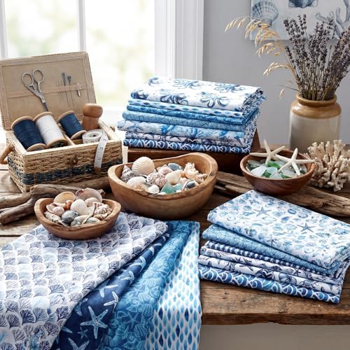 Mindsoft 12 Pcs Blue Coastal Beach Fabric Bundles 18 x 22 Inch Cotton Nautical Ocean Fat Quarters Blue Seashells Fish Starfish Quilting Fabric Patchwork Squares for Sewing DIY Handmade Craft Supplies