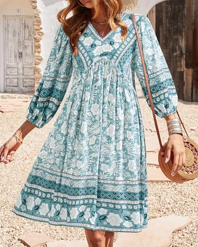 Image of BTFBM Women Casual Spring Summer Dresses V Neck 3 /4 Long Sleeve Ruffle Floral Flowy Boho Babydoll Mini Short Beach Dress