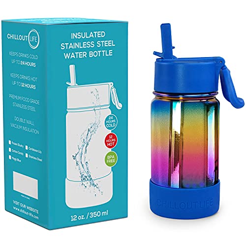 CHILLOUT LIFE 12 oz Kids Insulated Water Bottle for School with Straw Lid Leakproof and Cute Waterproof Stickers, Personalized Stainless Steel Thermos Flask Metal Water Bottle, UV Rainbow