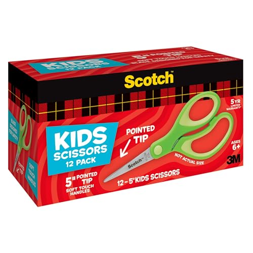 Image of Scotch 5 inch Soft Touch Pointed Tip Kids Scissors, 12 Count Teacher's Pack, Green, All-Purpose Scissors for School and Crafts (1442P-12)