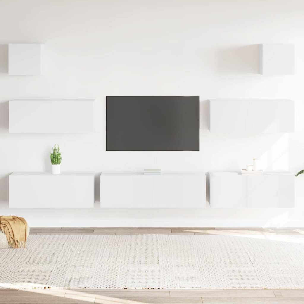 7-TLG. TV-Schrank-Set, Weiß Holzwerkstoff, Wandmontage, Modernes Media-Center für Wohnzimmer, Schlafzimmer, Robustes Entertainment-Center mit Stauraum