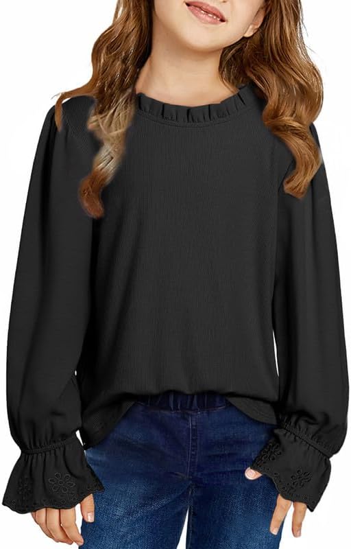 Cute Shirts for Girls Ruffle Long Sleeve Crewneck Ribbed Knit Blouses Tops 6-15 Years Cute Shirts for Girls Ruffle Long Sleeve Crewneck Ribbed Knit Blouses Tops 6-15 Years