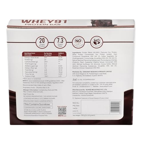 Image of Whey91 Choco Fudge Protein Bar, 20g Protein & 7.3g Fiber in each, No Added Sugar, No Artificial Flavour, 390g- (Pack of 12)