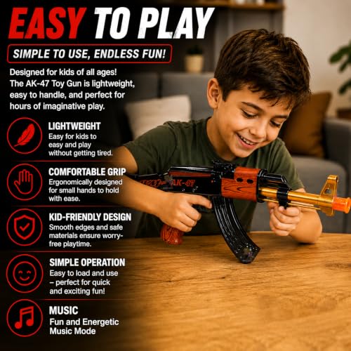 Image of Wishkey AK-47 Toy Gun for Kids with Light & Sound, Battery Operated Assault Rifle Toy, Realistic Pretend Play Gun with LED Lights & Music, Role Play Gift for Boys & Girls Age 3+ Years