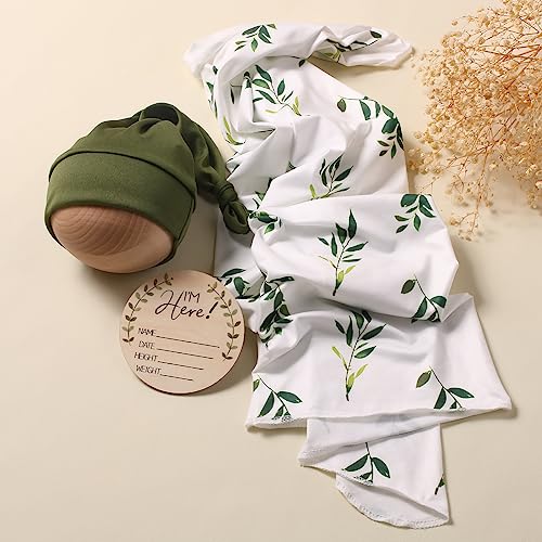 Image of Ylsteed Baby Swaddle Blanket and Headband Set, Newborn Receiving Blanket Swaddle Wrap for Girls Boys, Swaddling Blankets Neutral for Newborn,Soft and Skin-Friendly Receiving Wrap 32*32 inch(Green leaves)
