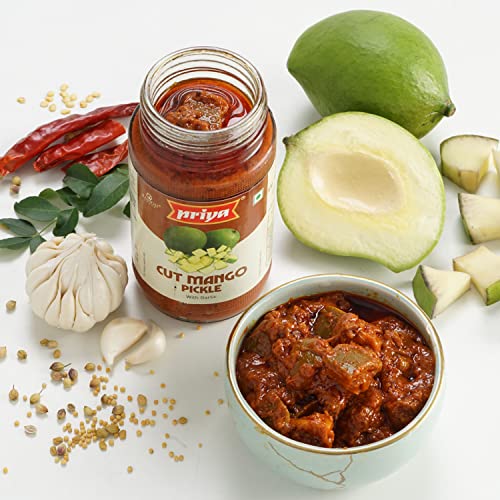 Image of Priya Cut Mango Pickle with Garlic, 500g - Authentic Telugu Style Aam Achar | Traditional South Indian Taste | Homemade Andhra Pickles | Tangy and Spicy | With Mango Pieces & Mixed Spices | Glass Jar