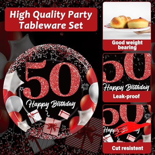 Image of gisgfim 96 Pcs 50th Birthday Plates and Napkins Party Supplies 50 Years Old Birthday Party Tableware Set Red Black Dinner Dessert Plates 50th Birthday Decorations Favors for Man Women for 24 Guests