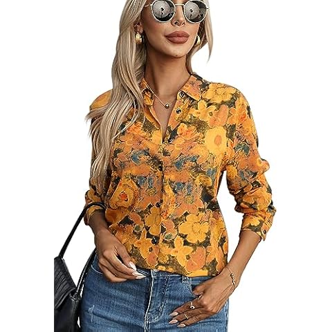 JMITHA Womens Blouses for Women Dressy Casual & Button-Down Shirts Long Sleeve Blouse Work Button Down Fashion Collared Office Attire 06 Yellow Black M Cover
