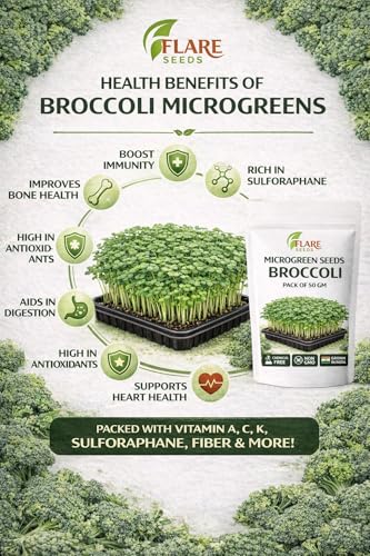 Image of Broccoli Microgreen Seeds, Non-GMO Chemical Free, 50 GM Pack, Rich in Sulforaphane, Vitamins A C K, Fiber, Grown in India