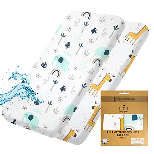 LILLY B. Algodón orgánico GOTS 2 en 1 Pack de 2 sábanas bajeras ajustables impermeables, utilizadas en lugar de protector de colchón impermeable, compatible con Next2me y todas las cunas de cabecera,