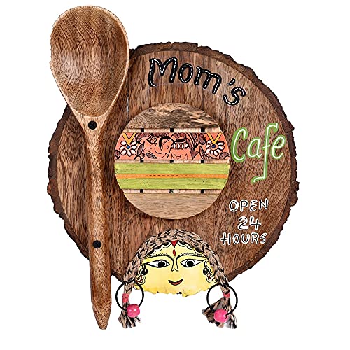 Image of Aakriti Art Creations Kitchen Decor inchMoms Cafe inch Handcrafted in Wood, Madhubani Art Wooden Wall Hanging Panel Set of 1, Natural Brown Wall Decor Panel | Matte Finish Wooden Wall Art