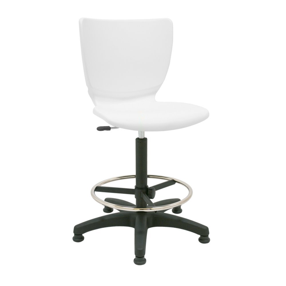 Taburete Giratorio y estático de Trabajo o Estudio Mono Carcasa de Polipropileno Flexible Resistente y fácil Limpieza con aro reposapiés Cromado y pies fijos incluidos - Color (Blanco)