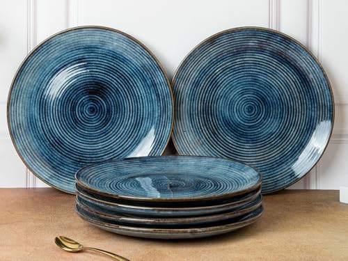 Image of Handcrafted Reactive Glaze Ceramic Dinner Plates, 6 Pieces Serving for 6, Microwave and Dishwasher Safe, Bone-ash Free, Full Plate Set Crockery for Dining and Gifting, Reactive Blue