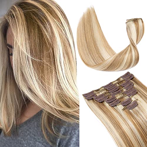 TESS Clip in Hair Extensions Real Human Hair Highlighted Remy Seamless 8 Pieces Straight Short for Women/Girls (#12P613 Golden Brown & Bleach Blonde