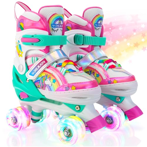 Rainbow Unicorn Kids Roller Skates for Girls Boys Toddler Ages 2-4 4-Pejiijar Adjustable Roller Shoes with Luminous Wheels for Birthday Xmas Gifts.