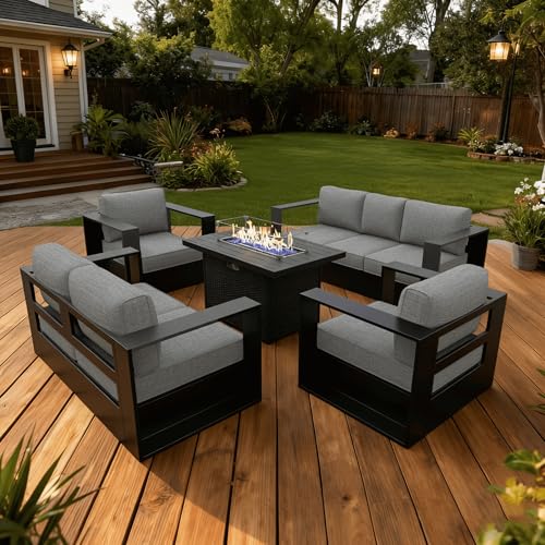 Image of LayinSun Oversized Aluminum Outdoor Furniture Set, 5 Piece Patio Sofa Sets with Fire Pit Table, Deep Seating and Upgraded 6-inch Cushions for Porch, Balcony, Deck