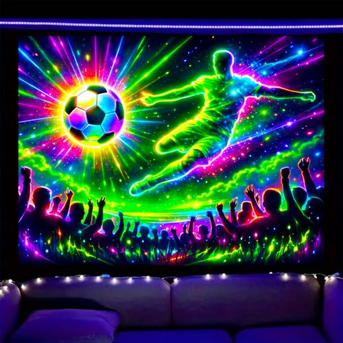 Image of Nuxovilar Neon Soccer Crowd Wall Tapestry Polyester 78.74x59.05 In | Glow Poster Trippy Wall Art Sports Decor UV Backdrop Bedroom Game Room Dorm Space Room (Soccer Kick Crowd)
