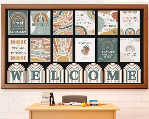 Justforjoyful 19pcs Boho Welcome Classroom Posters Rainbow Bulletin Board Decoration Motivational Positive Poster for Boho Welcome Sign Inspirational School Wall Decor