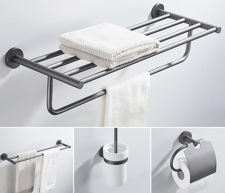 Juego de toalleros de baño, soporte para toallas de pared, organizador de baño, juego de colgantes grises, juego de 5 piezas