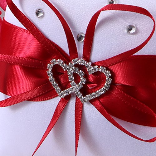 VOSAREA Wedding Ring Pillow, White Red Bridal Ring Bearer Holder Cushion Double Heart Wedding Ring Box Wedding Accessories Decoration Supplies 10x10cm
