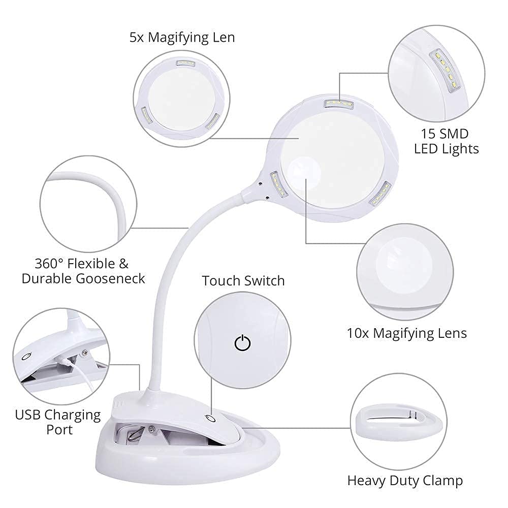 Lupa 2 W 1, Lampa Biurkowa Ze Szkłem Powiększającym, Ze Stojakiem I Zaciskiem, 5X 10X, Zasilana Przez Usb, Z 15 Diodami Led, 3 Regulowane Ustawienia Światła, Odpowiednia Do Czytania, Inspekcji I Bada