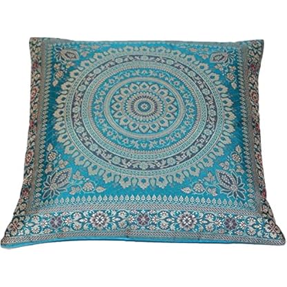 Ruwado Handgefertigt Türkis Dekokissen aus Indische Banarasi Seide - Handgewebt und handgenäht von Kunsthandwerkern aus Indien (40 x 40 cm | 16 x 16 Zoll, Türkis in Mandala Muster, 3X) – Bild 8