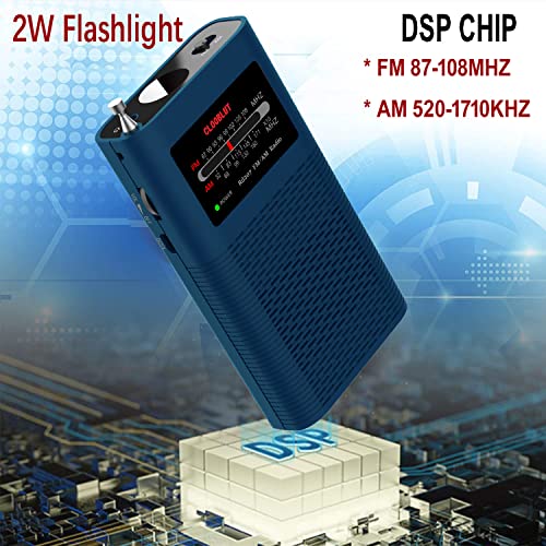 Portable Pocket Am Fm Transistor Radio Powerful Flashlight Powered By 1500Mah Battery (Included),Ultra-Long Antenna Best Reception Best Sound Quality (Blue) #TOP2