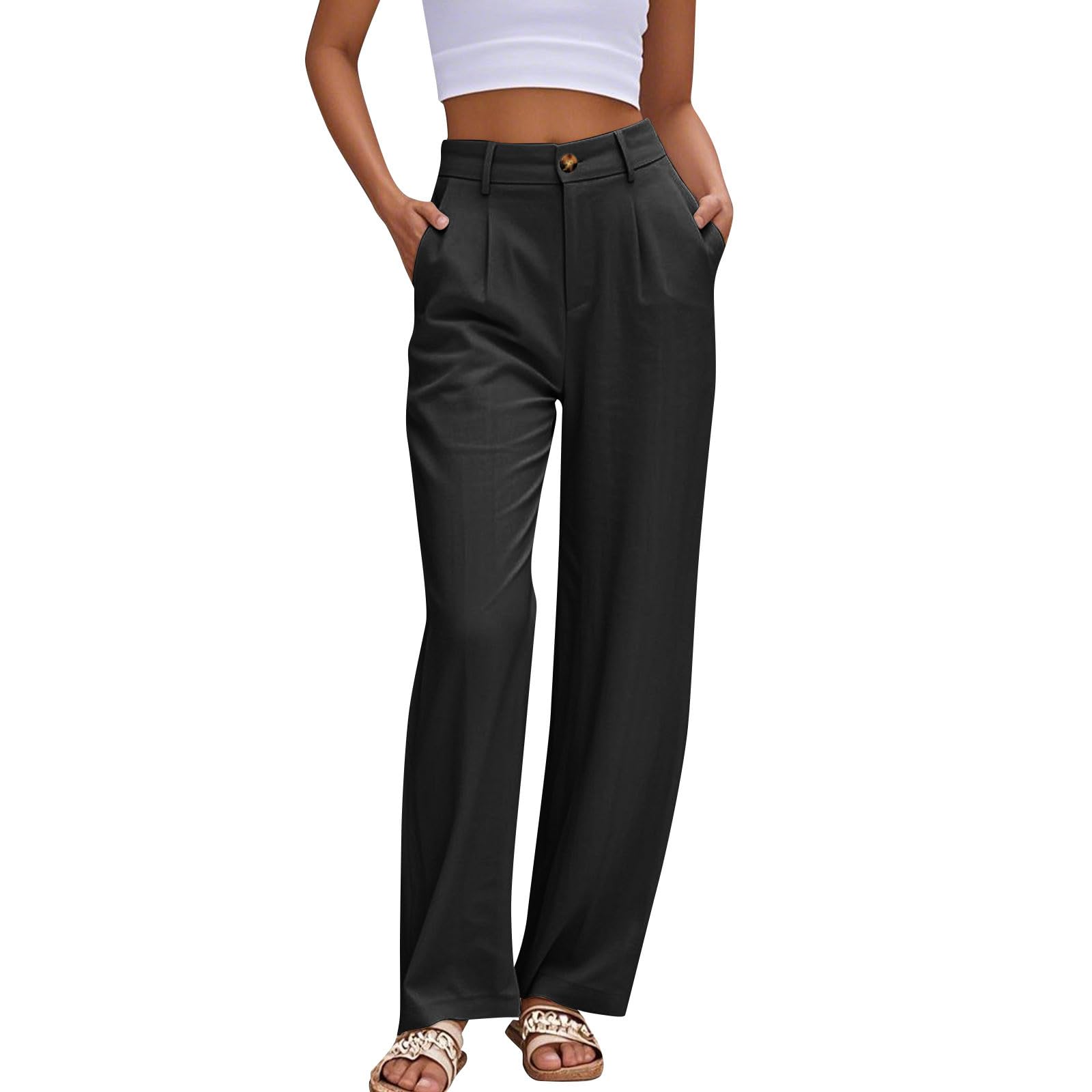 Linen Dress Pants Women Business Casual High Waisted Wide Leg Work Pants with Pockets Lightweight Office Slacks