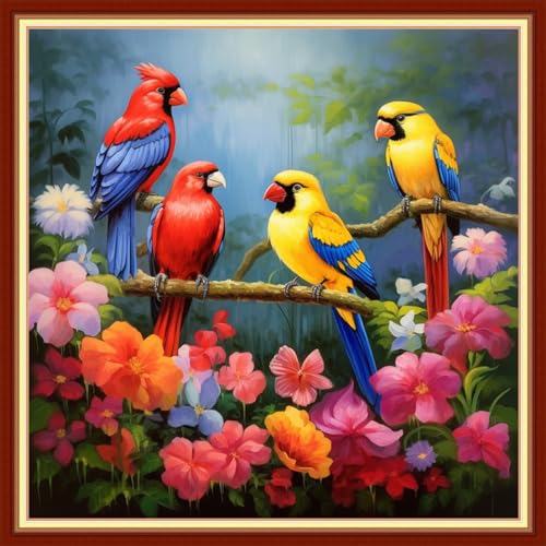 Image of Foxhool Beginners Cross Stitch Kits Stamped Full Range of Embroidery Kits for Adults DIY Cross Stitches kit Embroidery Patterns for Needlepoint kit-Flower Birds 18x18 inch
