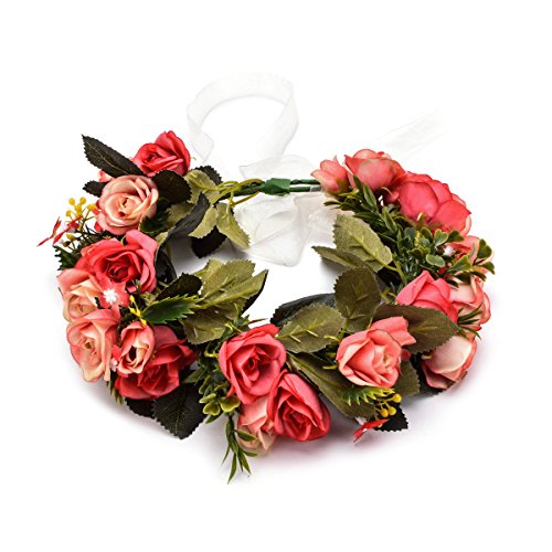 DreamLily Blush Rose Flower Crown Headband Woodland Handcrafted Wedding Hair Wreath BC47 (Red Coral)