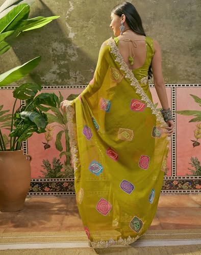 Image of SIRIL Women's Chiffon Scalloped Border Sequins Embroidery Saree with Unstitched Blouse Piece