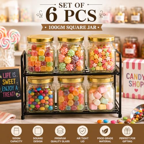 Image of Pure Source India Premium Clear 6 Pcs Glass Jar with Gold Lug Cap | Airtight Food Storage Jar for Honey, Jam, Pickles, Spices & Preserves (100 gm)