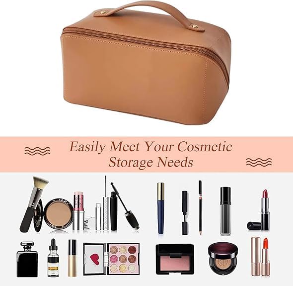 Large Capacity Waterproof Cosmetic Bag for Women – Travel Makeup Organizer with Divider, Handle, and PU Leather Material, Brown, Pouch