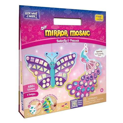 Image of Imagimake Mirror Mosaic Butterfly & Peacock | DIY Return Gift - Pack of 6 | Mirror mosaic art kit: 5 templates & 450+ shiny, sparkly & rainbow foil stickers; peel & stick butterfly & peacock art