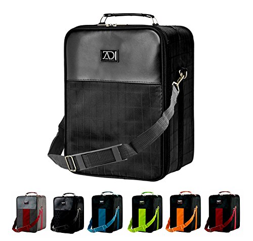 Small Wig Travel Box with Top Handle, Shoulder Strap and Double Zipper, Carrying Case with Removable Head-Holding Base - Black Grid Design - by Adolfo Design