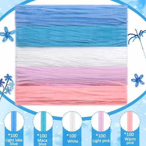 Peryiter 500 Pcs Pipe Cleaners for DIY Flower Bouquets, Chenille Stems for Graduation Bouquet Crafts, Fuzzy Sticks for Handmade Flowers, DIY Gift, Art Projects(Blue & Pink Flower,12 Inch) - Image 3