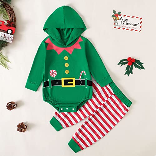 Shalofer Baby Boy Christmas Outfit Infant Elf Xmas Long Sleeve Bodysuit Hooded Clothes Set2