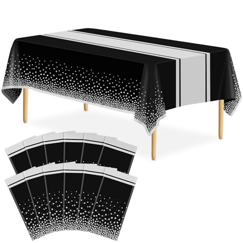 Image of 12 Pack Black and Silver Tablecloth Party Decorations Plastic Black Tablecloth Printed Silver Table Runner 54 x108 Inch Disposable Rectangle Table Cover for Birthday Wedding Graduation