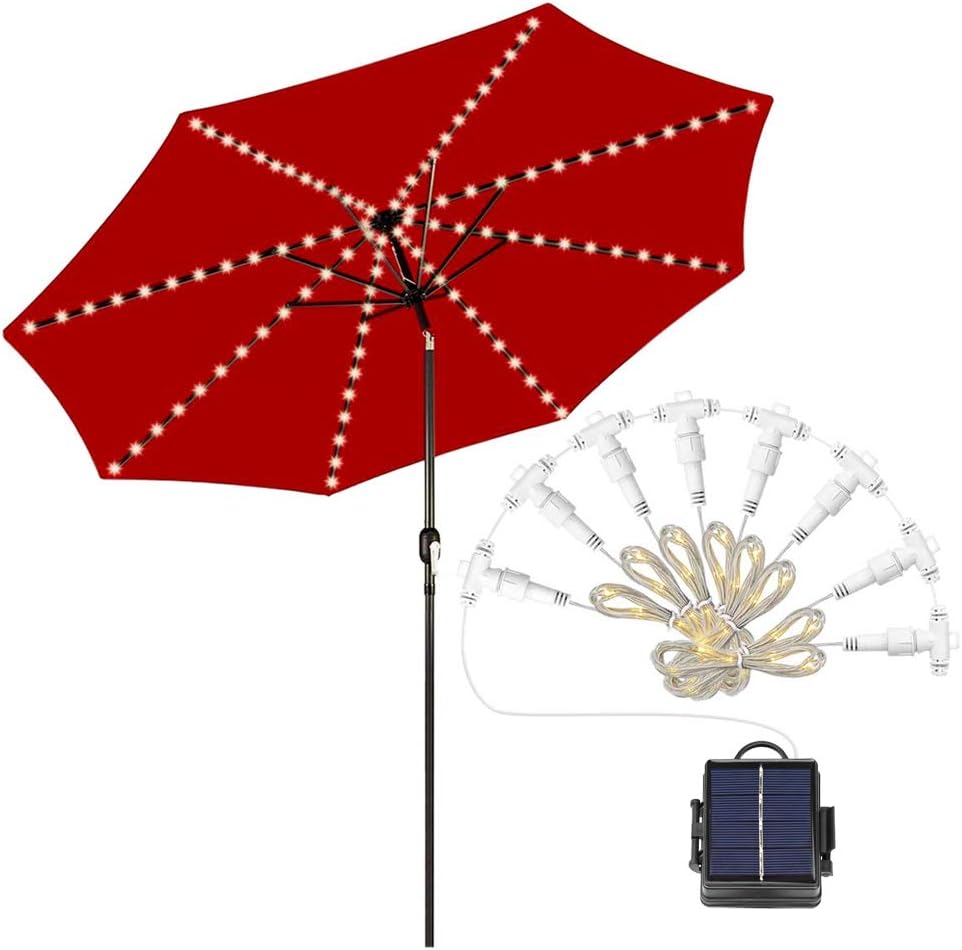TAOPE Umbrella Lights String Solar or Battery Powered, 8 Light Modes, Auto On/Off, 8 Branches 104 LEDs Parasol Lights Outdoor Waterproof Warm White