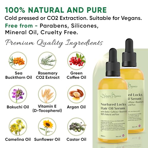 Nomara Organics Hair Growth Oil Serum with Caffeine, Biotin, Rosemary, 100% Natural, Travel Bottle, Vitamins, Coffee Oil, 2 x100mL, Gift Set, Elixir for Regrowth, Anti-Hair Loss, Vegan, Men, Women. - Image 4