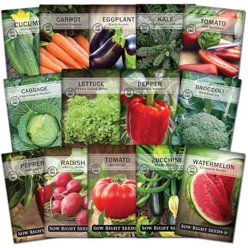 Image of Sow Right Seeds - Classic Vegetable Garden Seed Collection for Planting - Non-GMO Heirloom Broccoli, Cabbage, Carrot, Cucumber, Eggplant, Kale, Lettuce, Tomato, Peppers, Zucchini, and More