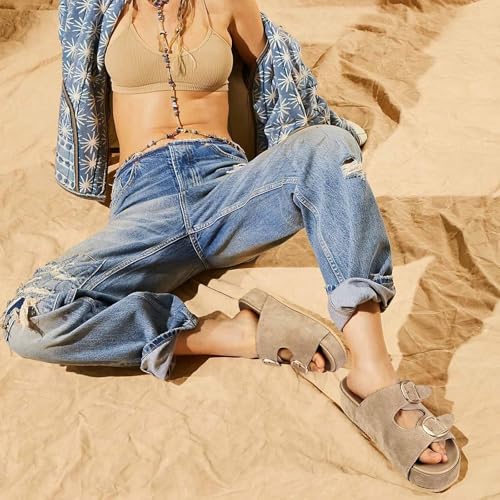 MICIFA Tan Platform Sandals for Women Suede Wedges Comfortable Cute Slides Casual Adjustable Double Buckle Strap Flats Brown3