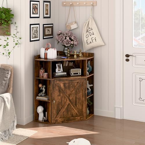 Image of Halitaa Corner Storage Cabinet, Farmhouse Corner Bookshelf with Storage 6-Cubby Wooden Cabinet with USB Ports and Outlets Industrial Organizer for Small Space, Study, Playroom, Living Room