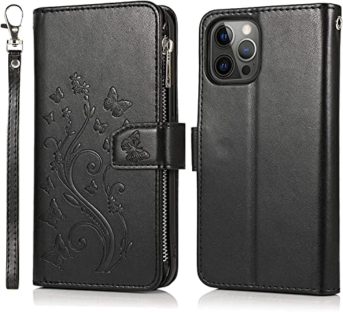 Étui portefeuille pour iPhone 13 Pro antichoc avec béquille magnétique et coque TPU noir