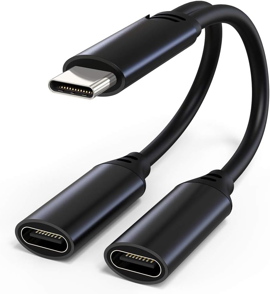 USB C Splitter 1 in 2 Out HiFi Audio Adapter,Dual USB C Headphone and Charger Adapter Support Call PD 60W Charge,Compatible withiPhone 16/15 Series,MacBook,iPad, Galaxy S25/S24/S23 and More Black