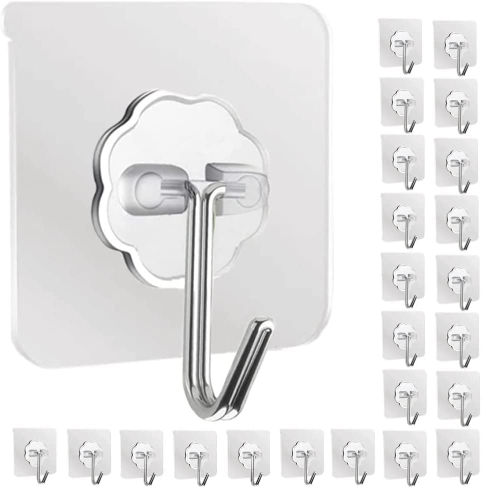Wall Hooks for Hanging 33lbs(Max), Heavy Duty Self Adhesive Hooks, 12-Pack Waterproof Clear Adhesive Hooks for Keys, Bathroom, Shower, Outdoor, Kitchen Door, Home Improvement Utility Hooks